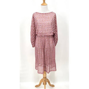 Vintage 80s Dress Womens Small Pink Sheer Striped 3/4 Sleeve Midi Tiny Floral
